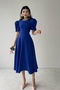 Women's Atlas Fabric Round Neck Princess Sleeve Flared Cut Midi Length Cobalt Blue Evening Dress 220
