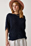 Women's Navy Blue Screen Bat Knit Blouse YU00013 - 2