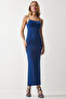 Women's Blue Rope Strap Slit Saran Sandy Dress DZ00114