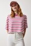 Women's Dried Rose Crew Neck Striped Crop Knitted T-Shirt CR00427 - 3