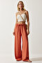 Women Regular Fit Plain Drawstring Wide Leg Pants, Brown