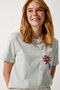 Women's Gray Crew Neck Embroidered Knitted T-Shirt CR00425 - 3