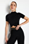 Black Stand Collar Short Sleeve Draped Crop Blouse Knitted Blouse TWOSS24BZ00422 - 2