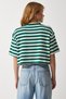Women's Dark Green Crew Neck Striped Crop Knitted T-Shirt CR00427 - 6