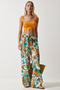 Women's Ecru Turquoise Patterned Flowing Viscose Palazzo Trousers EN00606 - 3