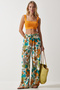 Women's Ecru Turquoise Patterned Flowing Viscose Palazzo Trousers EN00606 - 2
