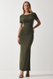 Women's Khaki Low-cut Long Sandy Knitted Dress DZ00115 - 3