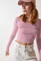 Women's Dried Rose Crew Neck Striped Crop Knitted Blouse CR00424