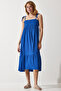 Women's Blue Strappy Crinkle Summer Knitted Dress UB00250 - 2