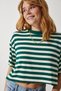 Women's Dark Green Crew Neck Striped Crop Knitted T-Shirt CR00427 - 4