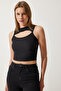 Women's Black Cut Out Detailed Ribbed Crop Knitted Blouse KH00089 - 3