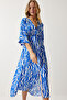 Women's Blue White Deep V-Neck Summer Long Viscose Dress CI00081 - 4