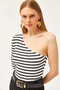 Women's Striped White One Shoulder Waist Top Crop Knitwear Blouse BLZ-19001638 - 5
