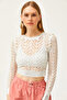 Women's White Openwork Metallic Knitwear Blouse BLZ-19002527
