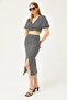 Women's Black Top Buttoned Blouse Bottom Slit Skirt Set TKM-19000263 - 4