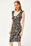 Women's Zebra Black V-Neck Shoulder Ruffle Crystal Viscose Dress ELB-19002060 - 3