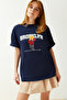 Lacivert %100 Pamuk Ayıcık Baskılı Oversize/Geniş Kalıp Bisiklet Yaka Örme T-Shirt TWOSS24TS00065