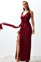 Long Burgundy Satin Evening Dress - TPRSS24AE00038 - 2
