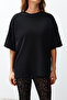 Siyah %100 Kalın Pamuklu Oversize/Geniş Kalıp Bisiklet Yaka Örme T-Shirt TWOSS23TS00040 - 7