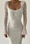 White Laced and Tulle Sleeves Design Smocked Square Neck Midi Dress 209 - 5