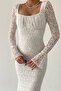 White Laced and Tulle Sleeves Design Smocked Square Neck Midi Dress 209 - 2