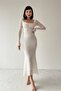 Women's Guipure and Tulle Designed Gathered Square Collar White Midi Evening Dress 209