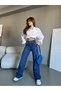 Women's Navy Blue Pale Effect Lycra High Waist Wide Leg Loose Loose Palazzo Jeans - 2
