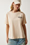 Women's Cream Crew Neck Printed Knitted T-Shirt NJ00137 - 4