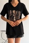 Women's Black V-Neck Large Size Foil Printed Sequin Sequin Embroidered 100% Cotton Large Size T-Shirt - 3