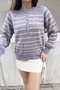 Women's Lilac Beige Collared Knitted Sweater with Hole Detail and Stripes 20223207 - 4