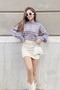 Women's Lilac Beige Collared Knitted Sweater with Hole Detail and Stripes 20223207 - 2