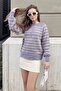 Women's Lilac Beige Collared Knitted Sweater with Hole Detail and Stripes 20223207 - 5