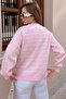 Women's Pink and White Cuffed Crew Neck Striped Knitwear Sweater 20223207 - 4