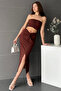 Women's Brown Front Slit Midi Skirt with Knot Detail on the Front and Gathered Bottom Top Set - 3