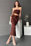 Women's Brown Front Slit Midi Skirt with Knot Detail on the Front and Gathered Bottom Top Set
