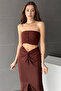 Women's Brown Front Slit Midi Skirt with Knot Detail on the Front and Gathered Bottom Top Set - 2
