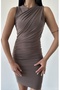 Mink Sandy Fabric Cross Collar and Shir Detail Sleeveless Mini Dress 8000 - 5