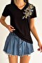 Black V-Neck Short Sleeve Sequin Applique Knitted Regular Fit T-Shirt - 2