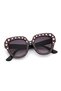 Women Sunglasses Square Design Pink Heart Embroidered Black Frame Black Glass - 6