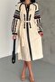 Women's Beige Belted Embroidered Dress