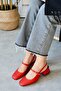 Women's Audrey Red Matte Leather Open Back Square Toe Helmet Short Block Heeled Shoes - 5