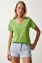 Women's Pistachio Green V-Neck Basic Knitted T-Shirt UB00261 - 3