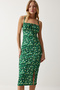 Women's Green Yellow Floral Slit Summer Knitted Dress CI00029