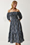 Women's Navy Blue Cream Patterned Summer Woven Dress MX00153 - 4