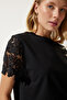 Women's Black Guipure Sleeve Knitted Blouse HF00450 - 3