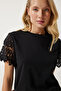 Women's Black Guipure Sleeve Knitted Blouse HF00450