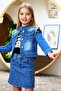 Girl's Shoulder Slit Detailed Stone Embroidered Jean Blue Skirt Set - 2