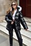 Women's Black Hooded Fur Inflatable Leather Coat 30401016