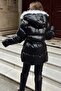 Women's Black Hooded Fur Inflatable Leather Coat 30401016 - 5