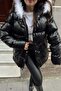 Women's Black Hooded Fur Inflatable Leather Coat 30401016 - 4